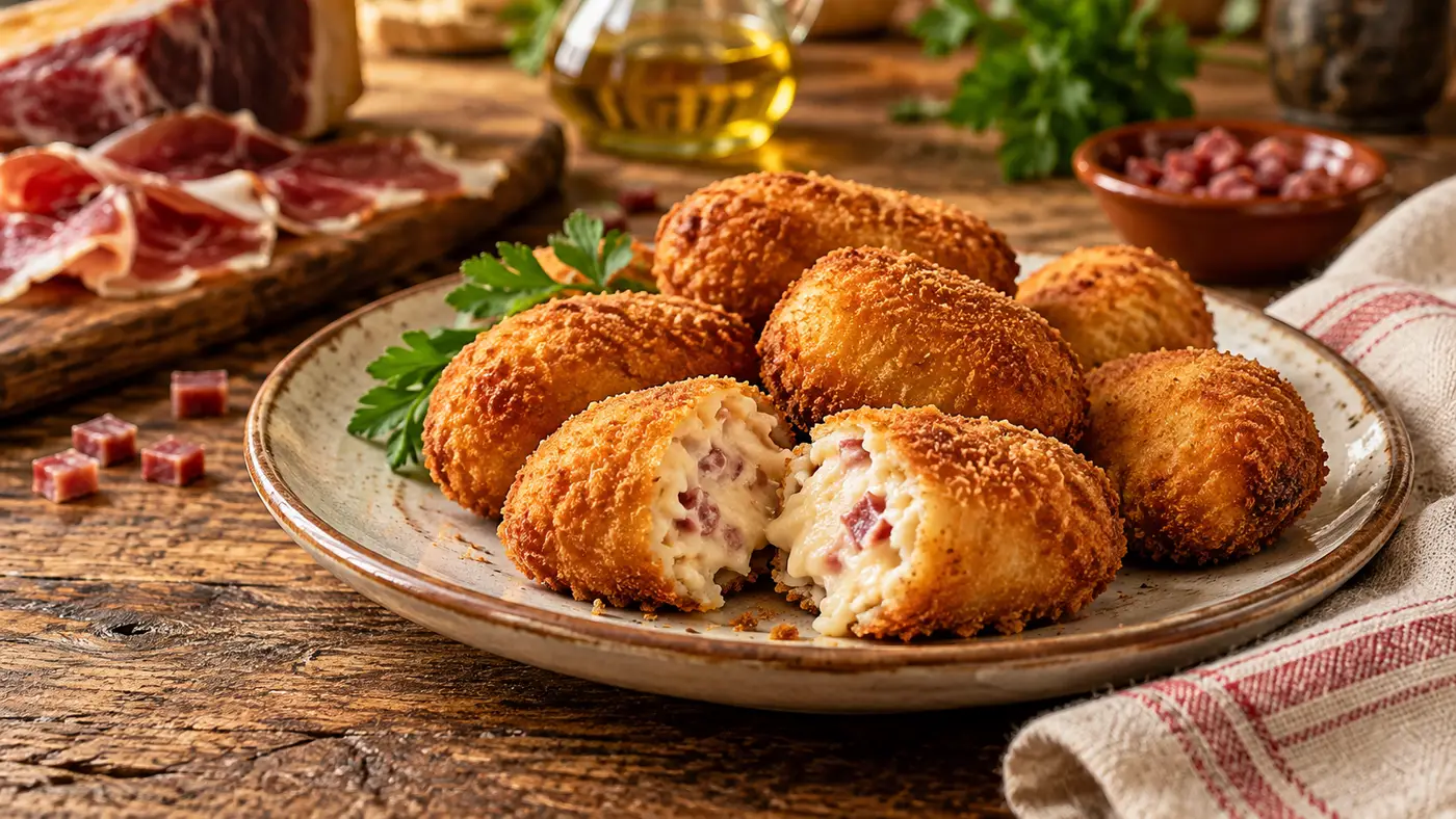 Croquetas de jamón receta de la abuela, doradas y crujientes, con un interior cremoso de bechamel y jamón